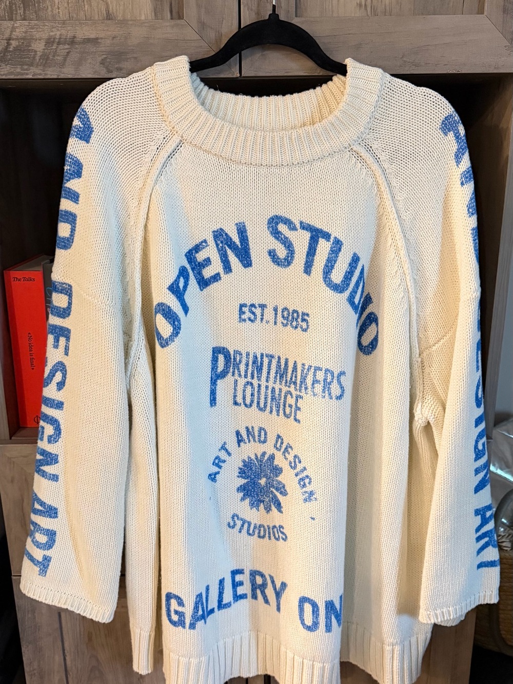 Pilcro Open Studio Cream Knit Sweater with Blue Print (NWOT
